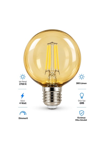 G95 Dimmerli Rustik Gün Işığı 2700k Amber Led Ampul Filament E27 Duylu Filamanlı Edison Ampül Diğer