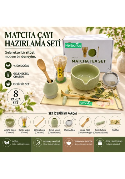 Herbarius 8 Parça Çiçek Desenli Balık Sırtı Kabartmalı Açık Adaçayı Yeşili Renk Matcha Çayı Hazırlama Seti - Geleneksel Japon Matcha Seti