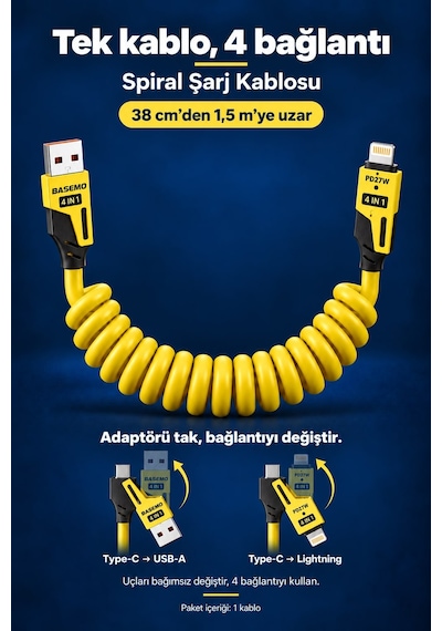 Spiral Esnek Usb Type-c Ve Lightning Şarj Kablosu 1.5 Metre
