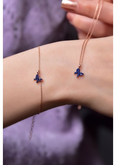 Papatya Silver 925 Ayar Gümüş Rose Kaplama Lacivert Zirkon Taşlı Mini Kelebek Kolye ve Bileklik Set