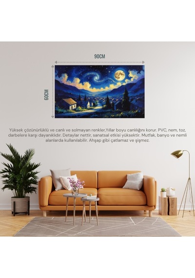Doğa Ve Manzara Yatay Sessiz Bir Köyün Üzerinde Yıldızlı Gece Parlayan Ay 05 Çerçevesiz 90x60cm Pvc Tablo