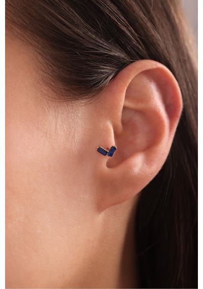 14 Ayar Altın Lacivert Baget Taşlı L Tragus Küpe