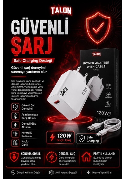 Usb Kablolu 120w Güç Adaptörü Hızlı Şarj Destekli Mobil Cihaz Uyumlu Set Diğer