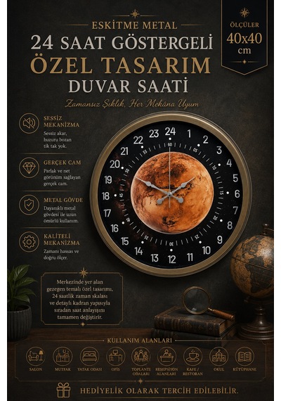 40 Cm Eskitme Metal 24 Saat Göstergeli Özel Tasarım Duvar Saati Pl-4095e