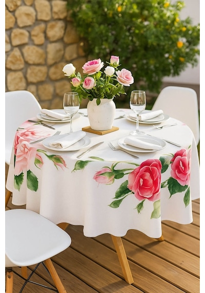 Yuvarlak Gül Desenli Duck Kumaş Masa Örtüsü 150x150 Cm Çok Renkli