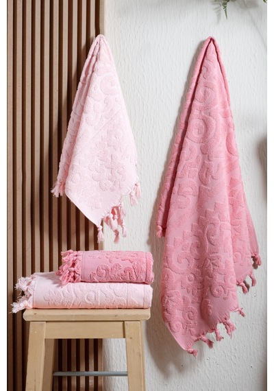 4'lü Hamam Seti %100 Pamuk 2 Adet 70x140 Beden, 2 Adet 50x90 El, Yüz, Saç Havlu Bağlamalı, 1250gr Pudra Pembe
