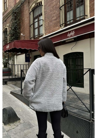 Myloore Gri Kadın Peluş Düğmeli Oversize Ceket Yumuşak Dokulu Mlb134