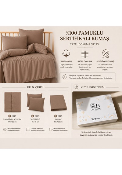 Lief Home %100 Pamuklu Sertifikalı Bebek Nevresim Takımı 100x150 63 Tel Dokuma Kutulu Gönderim Kahverengi