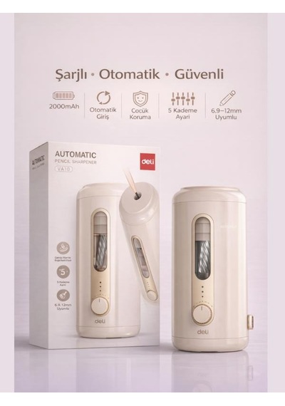 Va10 Bej Şarjlı Otomatik Elektrikli Kalemtıraş 2000mah 5 Kademe Uç Ayarlı, 6.9-12mm Jumbo Uyumlu, Type-c, Geniş Hazneli
