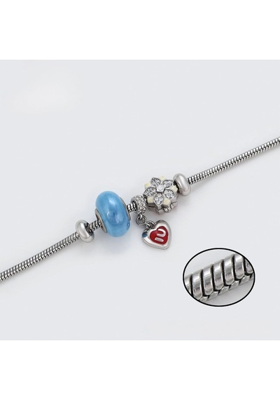 Kalp Ve Kristal Çiçek Detaylı Platin Kaplama Charm Kadın Bileklik Silver