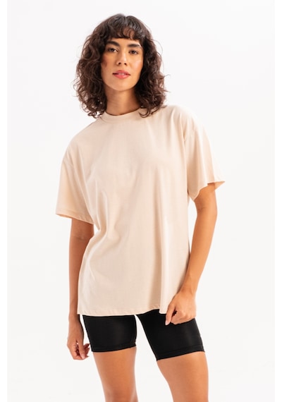 Justever 100% Pamuk Oversize Fit Bisiklet Yaka Bej Kadın T-shirt - Halo Bej