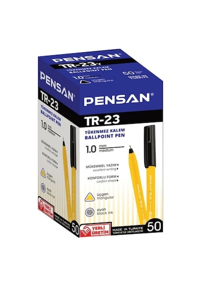 Pensan Tükenmez Kalem Üçgen Tr-23 Siyah 50 Li Kutu Çok Renkli
