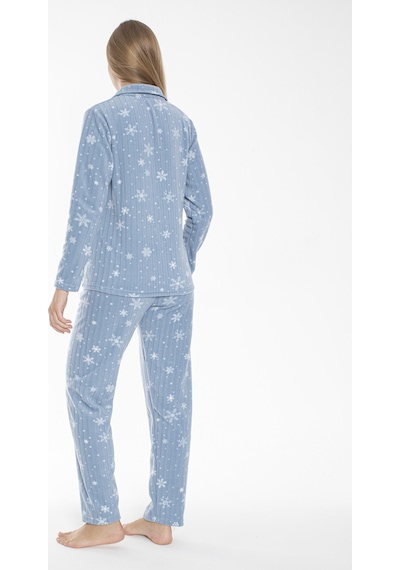 Estiva Kadın Kışlık Kar Desenli Önden Düğmeli Fitilli Polar Pijama Takımı Mavi Çok Renkli