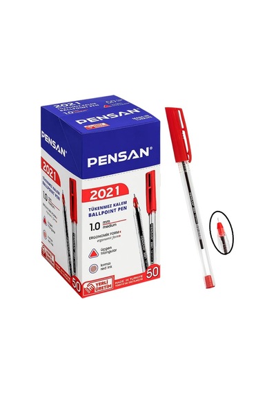 Kırmızı Tükenmez Kalem Pensan 2021 Şeffaf Üçgen Gövde 1.0 mm 10 A