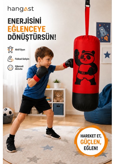 Çocuk Boks Seti Panda Desenli Asılabilir Boks Torbası Eldivenli Kırmızı