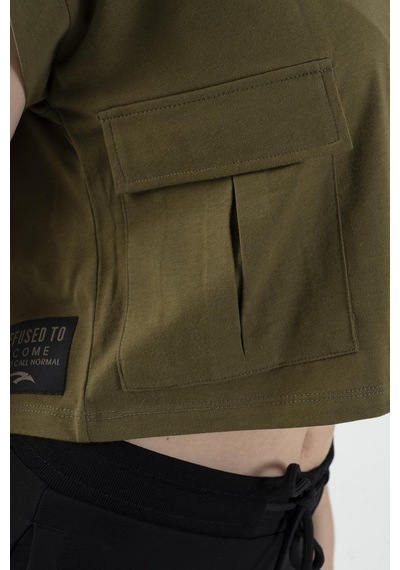 Maraton Sportswear Comfort Kadın Bisiklet Yaka Kısa Kol Basic Zeytin Crop Top 20856 Zeytin Yeşili Yeşil