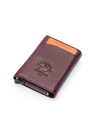 Westpolo Hakiki Deri Unisex Mekanizmalı Cüzdan 8 Kartlık - Bordo Bodro