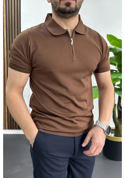Erkek Polo Yaka Düz Tişört Kahverengi Edw455 Kahverengi