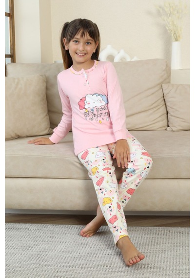 Miniğimin Cicileri Bulut Baskılı Düğmeli Kız Çocuk Pijama Tak... Pembe