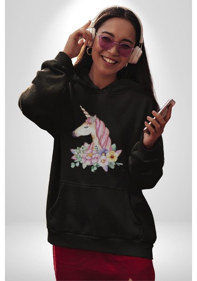 Unicorn Çiçek Kadın Erkek Siyah Kapüşonlu Sweatshirt Hoodie Siyah