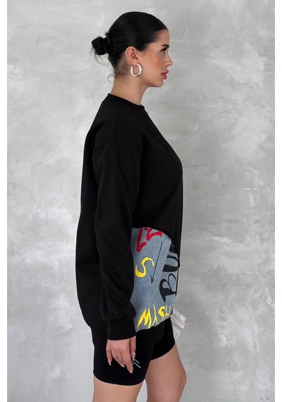 Femelle Kadın Beyaz Şardonlu Tasarım Kot Detaylı Sweatshirt siyah