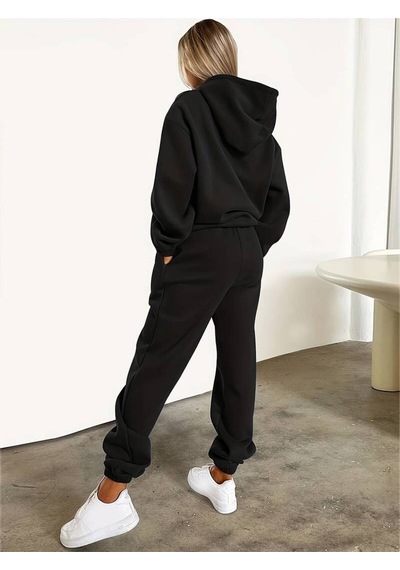 Hırsch Siyah Kadın Oversize Basic Kapüşonlu Lastikli Milano Italy Baskılı Pamuklu Eşofman Takımı Siyah Hırsch Siyah Kadın Oversize Basic Kapüşonlu Lastikli Milano Italy Baskılı Pamuklu Eşofman Takımı Siyah
