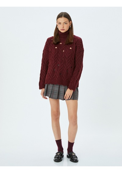 Koton Balıkçı Yaka Yıpratılmış Saç Örgü Dokulu Triko Kazak Bordo 5wal90119ht Bordo