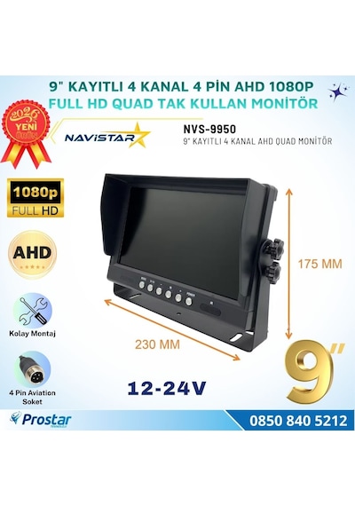 Kayıtlı 9 İnç 4 Kanal Full Hd Ahd Analog Uyumlu Quad Araç Monitörü 12-24v