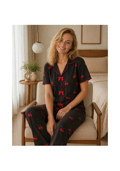 Rindahomewear Bürümcük Kumaş Fiyonklu Baby Overlok Siyah Kiraz Desenli Pijama Takım Kiraz Baskı