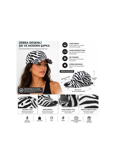 Valkyrie Zebra Desenli Kadın Şapka Ayarlanabilir Baseball Cap Siyah Beyaz Spor Günlük Şapka Siyah - Beyaz