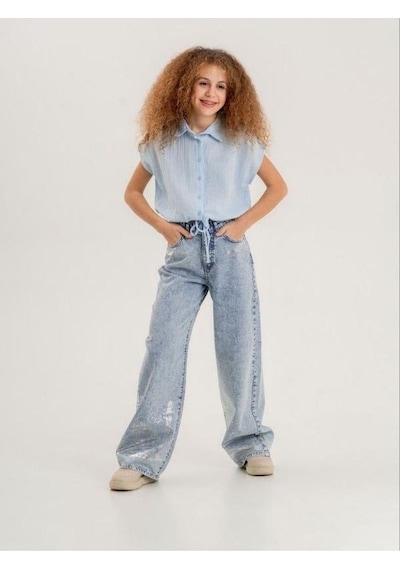 Zekids Kız Çocuk Paçası Varak Detaylı Denim Pantolon-13916-mavi Mavi