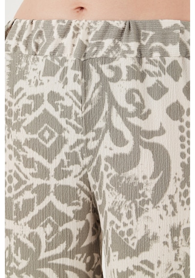 Lela Desenli Standart Fit Yüksek Bel Geniş Paça Bayan Pantolon 5869019 Olive