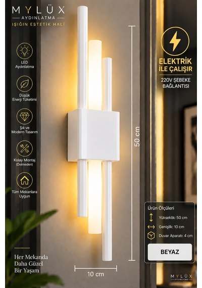 Mylüx Beyaz Kirpi Duvar Apliği 50 Cm Pilli Modern Dekoratif Kablosuz Aydınlatma Beyaz Beyaz