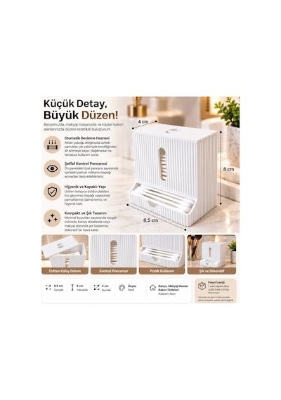 Modern Tasarım Kulak Çubuğu Dispenseri Kapaklı Banyo Makyaj Pamuk Düzenleyici Organizer - Beyaz Renkli