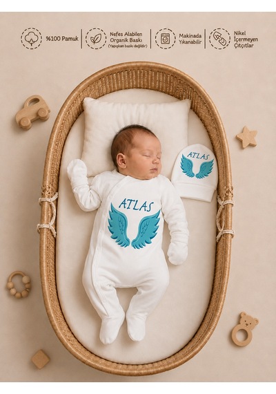 Pia Baby İsme Özel Erkek Bebek 4 Parça Tulum Seti %100 Pamuk Organik Baskılı Battaniyeli 2017bt3x Krem