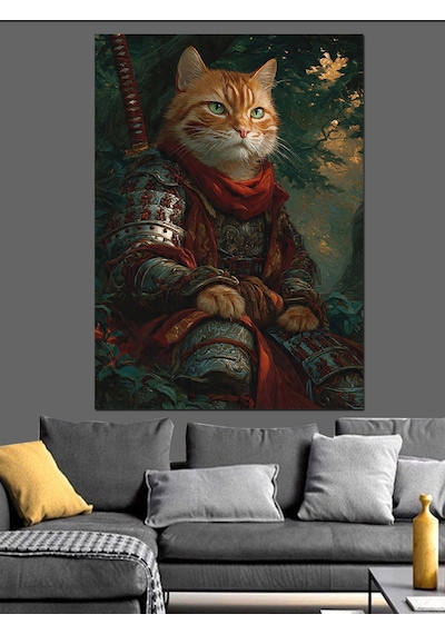 Ahşap Tablo Zırh Giyen Kedi Savaşçı