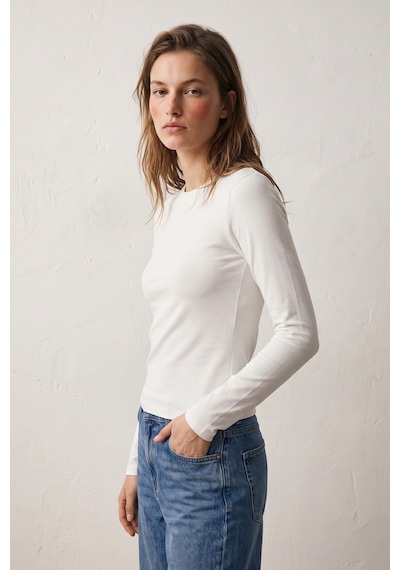 Elemge %95pamuk %5likra Vücuda Oturan Magic Fit Beyaz Kadın Stretch Uzun Kollu T-shirt Compact Penye Esnek Basic Tişört Elastan Bluz