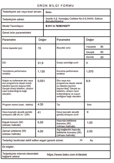 Beko B 811 B Premium Serisi 15 Kişilik Solo Bulaşık Makinesi Beyaz