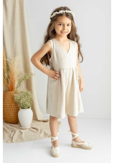 Oliven The Kid Oliventhekid Bej Naturel Keten Pileli Kolsuz Anvelop Yanlardan Bağcıklı Kız Çocuk Tulum Bej Bej