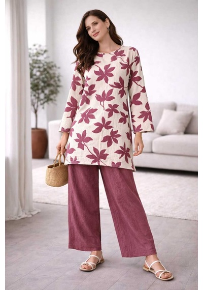 Tenra Bürümcük Kumaş Alt Üst Kadın Takım Oversize-tesettüre Uygun Pembe