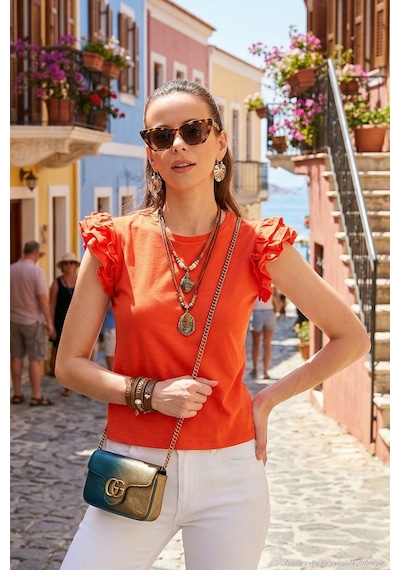 Lela Pamuklu Kolları Fırfırlı Slim Fit Bisiklet Yaka Bayan T Shirt 5864500 Nar Çiçeği