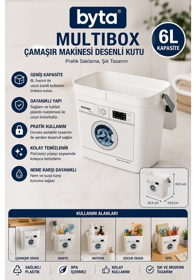 6 Litre Çamaşır Makinesi Desenli Çok Amaçlı Saklama Kutusu Kulplu Organizer Beyaz
