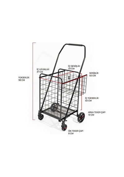 4 Tekerlekli 60 L Katlanabilir Kılıflı Pazar Arabası 360 Dönebilen Metal İskeletli Siyah Alışveriş Arabası