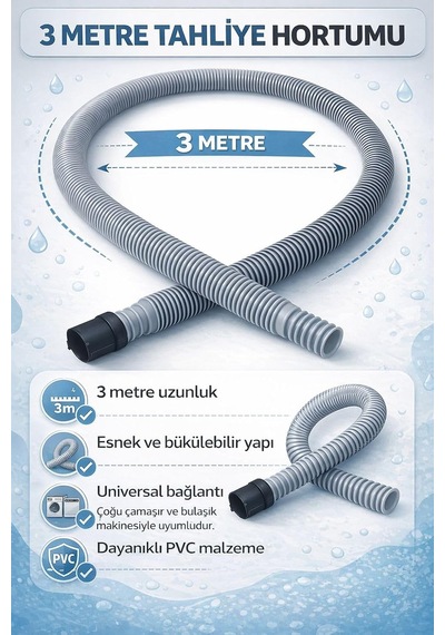 3 Metre Çamaşır Makinesi Tahliye Hortumu, Universal Uyumlu Esnek Pvc Gider Hortumu, Bulaşık Makinesi Uyumlu Dayanıklı Su Tahliye Borusu