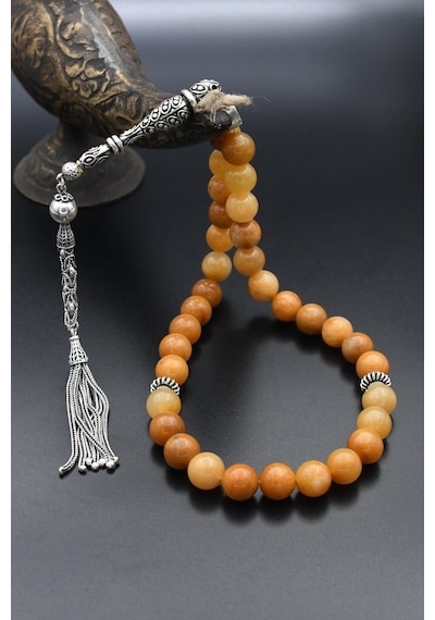 33'lük Doğal Carnelian Taşlı Tesbih 925 Ayar Gümüş Püsküllü 10mm Küre Kesim