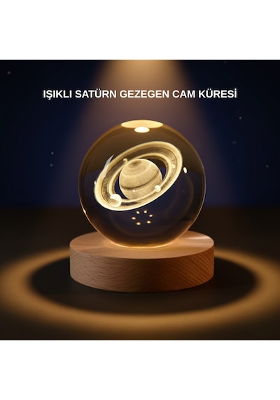 Satürn Desenli Kristal Küre Led Gece Lambası Ahşap Standlı