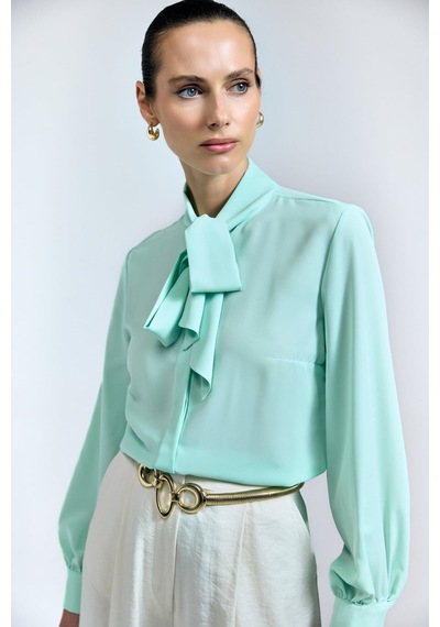 Sateen Yakası Bağlamalı Düz Gömlek - Mint-128707