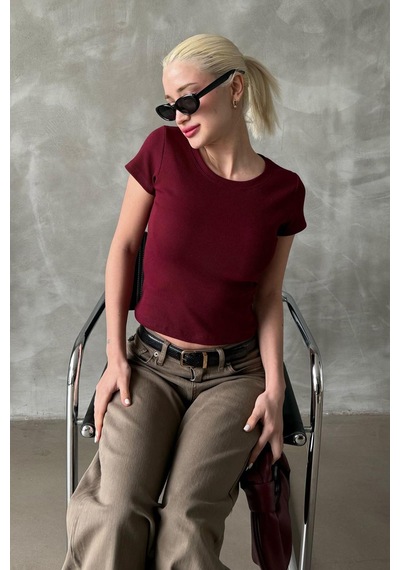 Bordo Geniş Yaka Fittili Basic Kadın T-shirt Mg2293 Bordo