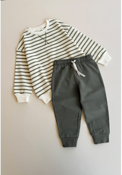 Cigit Çizgili Sweatshirt Takım 2-8 Yaş Yeşil Çizgili