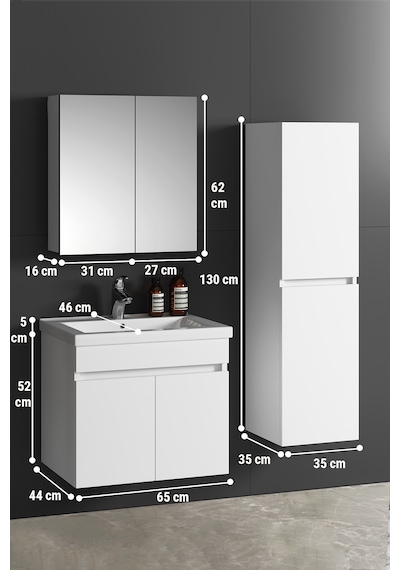 Çiğdem 65+35 Cm Beyaz Mdf Sepetli Asma Banyo Dolabı Takımı Beyaz